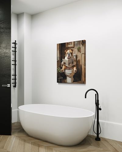 Image of Bulldog on Toilet Wall Art Print Canvas Wrapped, Dog Bathroom Humor Decor Posters Prints for Restroom Home Picture Painting Artwork Gallery 7 (Bulldog, 20 inchL x 16 inchW CANVAS, Wrapped Canvas)