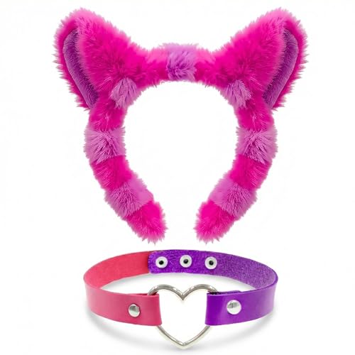 Hikkcos Pink Purple Striped Cat Costume Accessories Set for Adults - Furry Cat Ears Headband & Collar Halloween Cosplay Fancy Dress Party Costume Kit