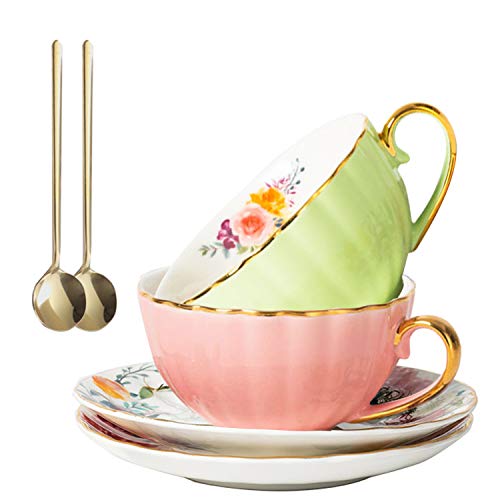 A-SZCXTOP Coffee Tea CupsPorcelain Espresso Cups Set of 28 ozwith Gold Trim and Gift BoxTea Cups and Saucers SpoonEuropean Luxury Couple Coffee Cup SetChina Porcelain Tea SetPinkLight Green