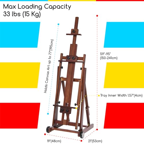 Image of MEEDEN Studio H-Frame Easel -Adjustable Beech Wood Studio Art Easel, Painting Floor Easel Stand, Movable and Tilting Flat Available, Holds Canvas Art up to 77 inch,Classic Walnut
