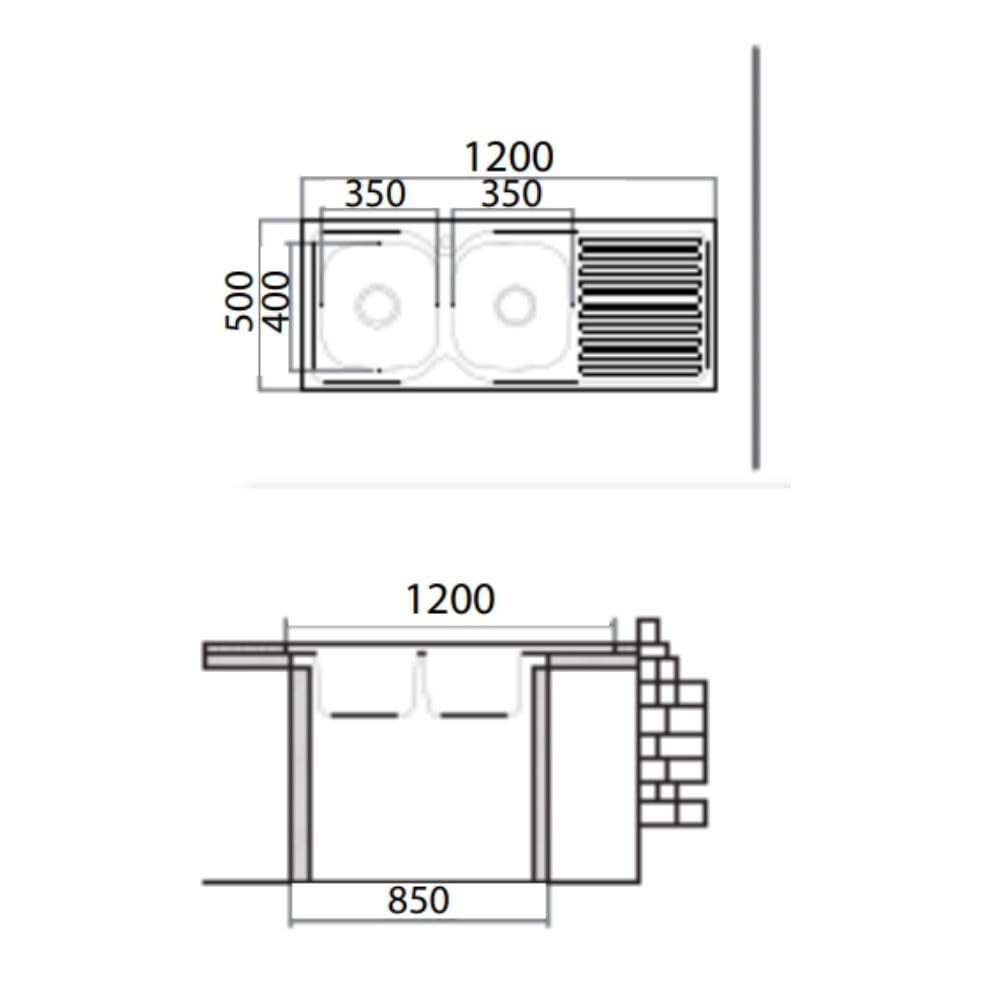 Lavello cucina due vasche con gocciolatoio sx acciaio da appoggio 50x120 cm