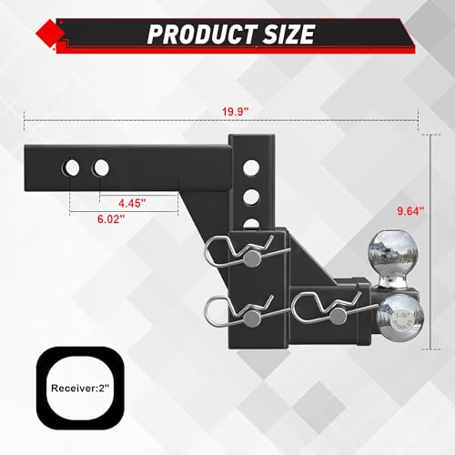 Image of TYT Adjustable Tri-Ball Trailer Hitch for 2 inch Receiver, 5 inch Drop /Rise, Triple Balls (1-7 /8 inch, 2 inch, 2-5 /16 inch), 10,000 lbs GTW, 1,000 lbs TW, Includes Hitch Pin Lock & Tri Pins