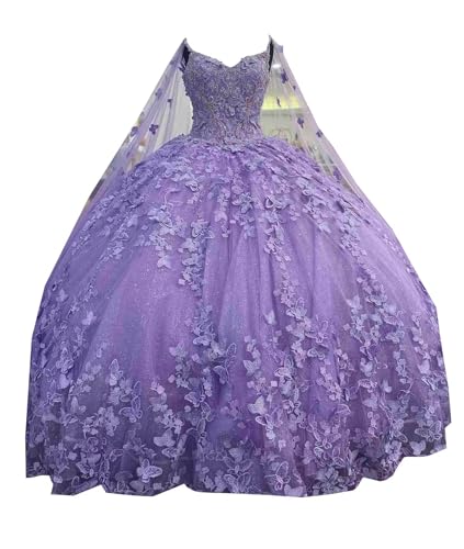 Ball Gown Quinceanera Dresses Purple with Butterlies Cape Lace Prom Formal Dress Puffy Glitter Tulle