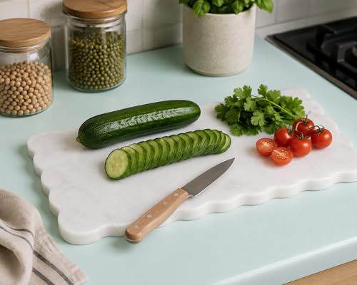 Natural Multi-Purpose Marble Charcuterie & Cutting Board with Scalloped Edge Chopping Board...