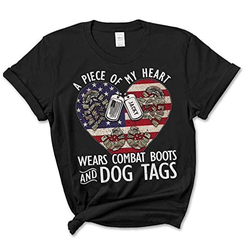 Proud Army Mom, A Piece of My Heart Wears Combat Boots and Dog Tags, Custom Soldier's Name for Military Mom, Dad, Grandma T-Shirt, Long Sleeve, Hoodie.