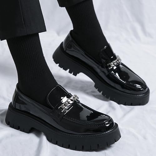 Men's Dress Loafers Fashion Patent Leather Chunky Heel Tuxedo Shoes with Chain Decor,Lug Sole Platform Non-Slip Comfort Slip-On Business Loafer Shoes for Work Office3