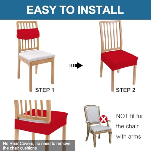 Image of Smiry Waterproof Seat Covers for Dining Room Chairs, No Rear Covers | Stretch Jacquard Removable Washable Chair Seat Slipcovers Protector, Set of 6, Red