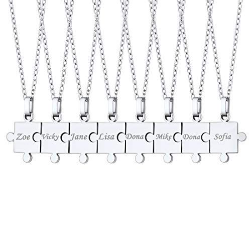 BFF Necklace for 8 Friend Stainless Steel Rolo Chain Custom Engrave Name Text Puzzle Pieces Pendant Necklaces Set for 8 Best Friend  Sister  Daughter Son Family Relationship Jewelry for Boys Girls