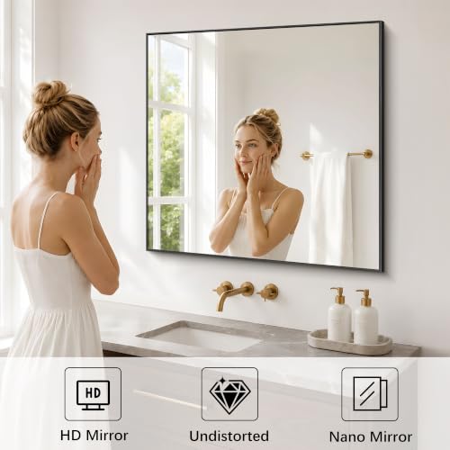 Image of DESBING 36 inch x 36 inch Bathroom Mirror, Black Metal Frame Wall Mirror | HD Image,Shatterproof Decorative Square Vanity Mirror for Bedroom Bathroom Living Room Entryway Horizontal or Vertical