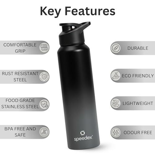 Image of Speedex Stainless Steel Water Bottle 1 Ltr, Leak Proof Sipper Cap, BIS Approved 1000 ml Metal Bottle For Daily, Office, School, Gym, Travel Use for Men, Women, Kids, Adults, Black grey, Set of 2