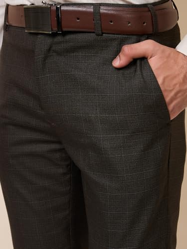 Image of Raymond Men's Mid Rise Slim Fit Checks Pattern Poly Viscose Blend Flat Front Formal Trouser