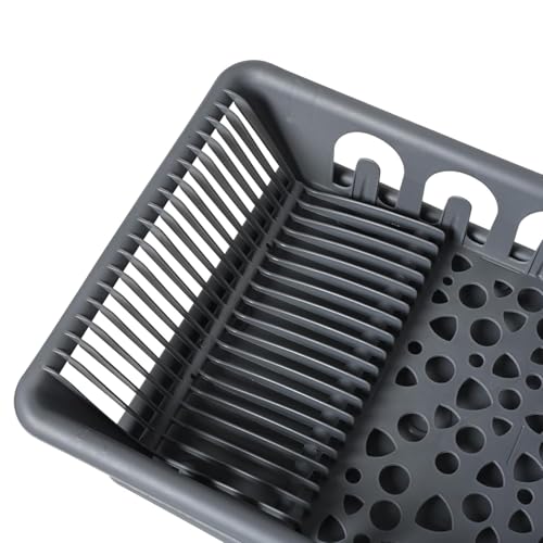 Image of HomeWiz Large Plastic Dish Drying Rack | Rust-Free Utensil Rack with Built-in Drainage | 50 KG + Weight Capacity | Kitchen Rack with Cutlery Holder | BPA-Free Food Grade Plastic | 48x35x13 cm | Grey