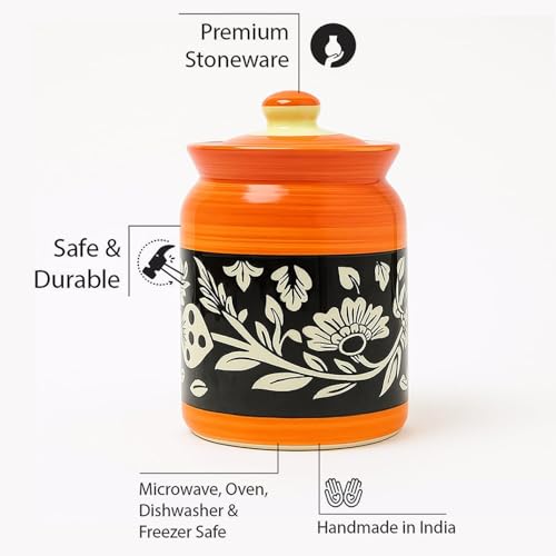 Image of D'Maiolica Ceramic Handmade Pickle Jars In 1000Ml(Set Of 2) | Ceramic Container Set For Kitchen Storage | Pottery Jars For Achar,Spices,Salt,Black (Pack Of 2) (Full Floral Yellow Black Bale)