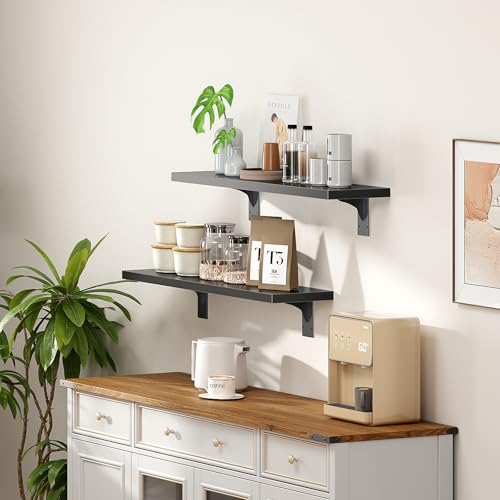 Image of HOOBRO Floating Shelves for Wall, 23.6 inch Wall Mounted Shelves Set of 2, Hanging Storage Shelf with Metal Brackets, Wooden Shelf for Living Room, Bedroom, Bathroom, Black BK62BJP201G1