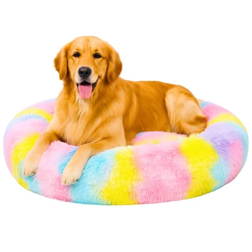 Image of Dog Bed Large - Plush Anti-Anxiety Calming Cushion for Dogs and Cats, Soft Fluffy Donut Cuddler, Multi XL - Ideal for Dog House