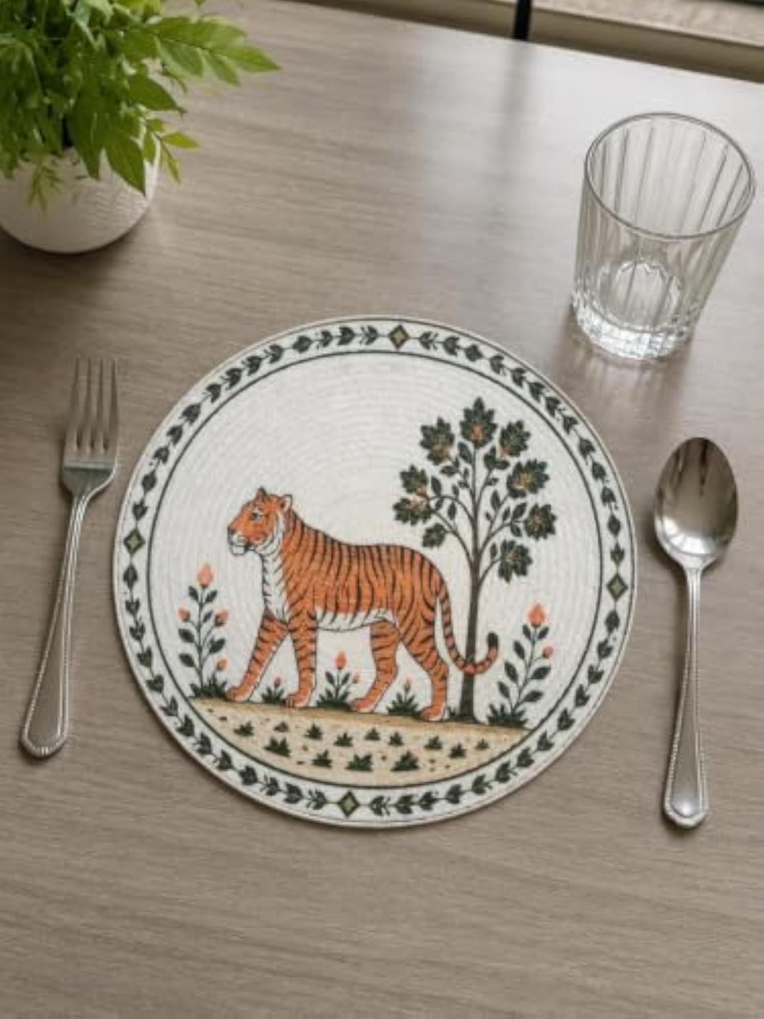 Round Cotton Dining Table Mat, Tiger Printed Placemat Gift