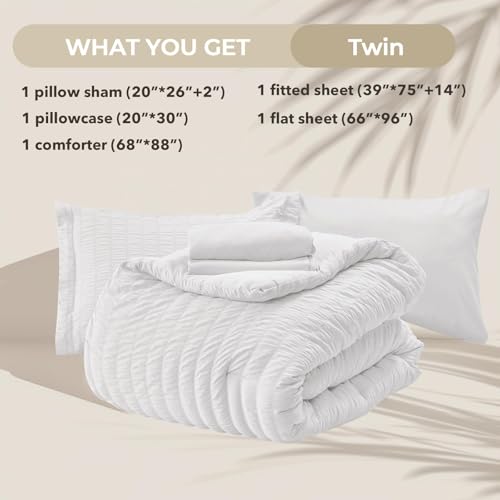 Image of HYMOKEGE White Twin Comforter Set Seersucker 5 Pieces, All Season Luxury Bed in a Bag for Bedroom, Bedding Set with Comforters, Sheets, Pillowcase & Sham