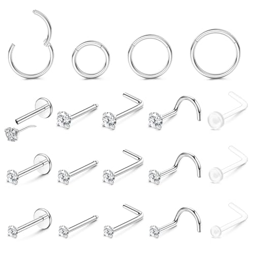 Silver Nose Rings Studs Hoops for Women Men: 18G 316L Surgical Stainless Steel Nose Rings Hypoallergenic Dainty CZ L Shaped Corkscrew Straight Push Back Nostril Nose Piercing Jewelry by FIBO STEEL - Used condition - Image 2