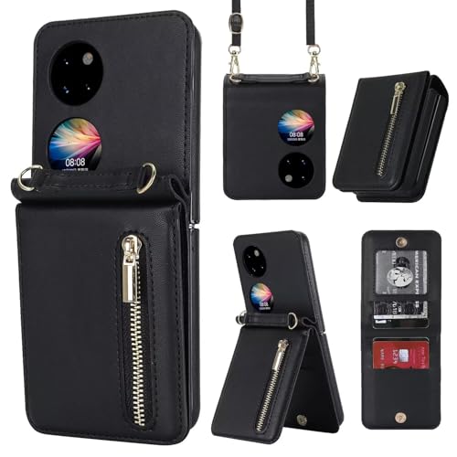 Coque Huawei Pocket 2 en cuir noir avec sangle et portefeuille intégré pour protéger votre mobile