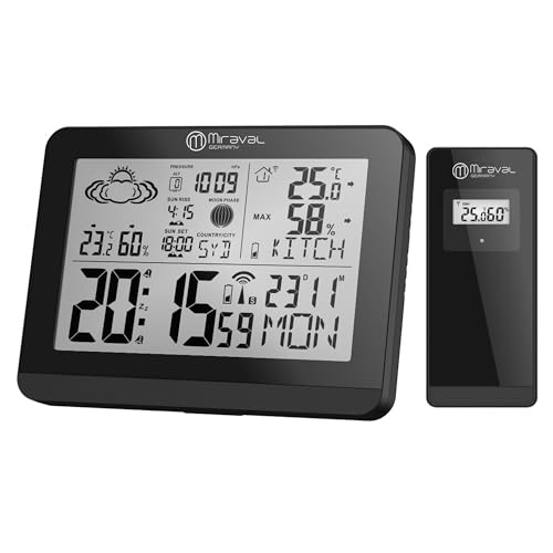 Miraval Funk-Wetterstation mit Außensensor, Wettervorhersage, Hygrometer, Mondphase, Sonnenauf-/untergang, 2 Weckalarme, LCD-Display 128x81mm, -20°C bis +50°C, 100m Reichweite (Schwarz) Miraval Funk-Wetterstation mit Außensensor, Wettervorhersage, Hygrometer, Mondphase, Sonnenauf-/untergang, 2 Weckalarme, LCD-Display 128x81mm, -20°C bis +50°C, 100m Reichweite (Schwarz)