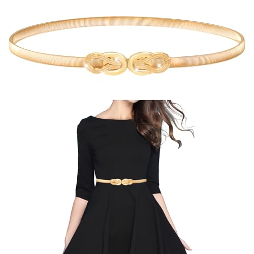 Elastic Skinny Waist Belt for Women, Gold Thin Elastic Chain Belt with Metal Buckle for Dresses Ladies Dress Waist Band