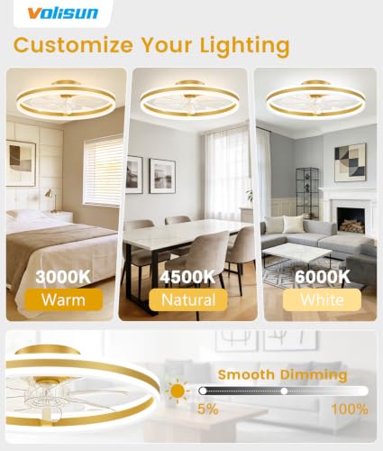 Image of VOLISUN Low Profile Ceiling Fans with Lights and Remote, 24in Flush Mount Ceiling Fans with Light, 3000K-6500K Dimmable Fandelier LED Fan Light, Gold Bladeless Ceiling Fans with Lights for Bedroom