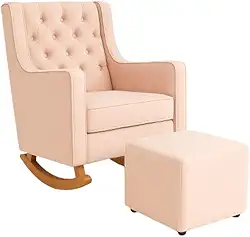 Poltrona Sofá Cadeira Amamentação Balanço Com Puff Pés Madeira Rosa