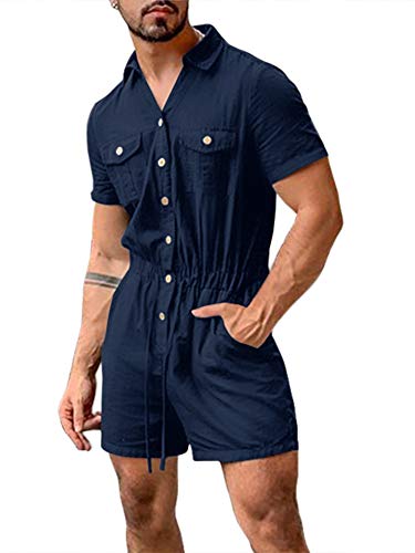 Bbalizko Mens Rompers Jumpsuits Cotton Button Down Short Sleeve One Piece Drawstring Shorts Coverall Tracksuits with Pockets Navy