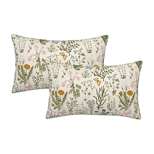 Image of AEIOAE Spring Pillow Covers 12x20 Inch Set of 2,Sage Green Wild Flower Plant Throw Pillows Case,Seasonal Floral Outdoor Decorative Square Linen Farmhouse Decor Cushion Covers for Home Sofa Bed Couch