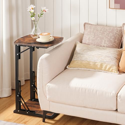 MAHANCRIS Folding C-Shaped End Table, Side Table for Couch, TV Tray Table for Small Spaces, Small Couch Side Table That Slide Under Sofa Bed, Living Room, Bedroom, Bedside, Rustic Brown ETHR4101