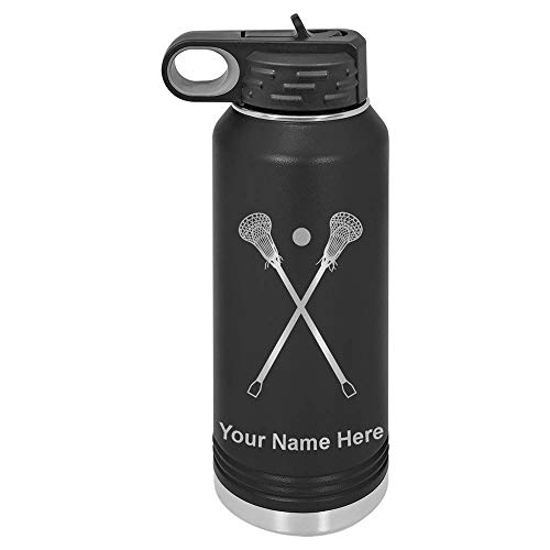 LaserGram 32oz Double Wall Flip Top Water Bottle with Straw, Lacrosse Sticks, Personalized Engraving Included (Black)