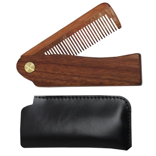 Folding Wooden Beard Comb with Carrying Pouch - Natural Hair and Moustache Grooming Tool for Men and Women - Portable Travel Gift