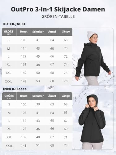 OutPro 3-in-1 Winterjacke Damen Wasserdicht Winddicht Skijacke Outdoor Wandern mit Fleece Gefüttert Doppellagige Abnehmbare Kapuzen-Funktionsjacke für Ski, Bergsteigen, Reisen Schwarz M