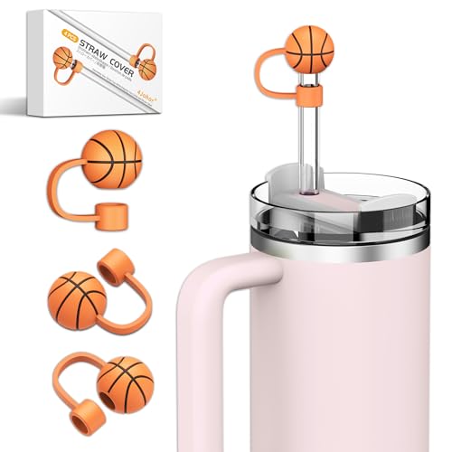 4Johor 4Pcs Basketball Straw Toppers for Stanley Cup Accessories, Straw Cover fits 0.4In Reusable Straws, BPA Free Silicone Straw Covers - Sip In Style and Protect the Earth