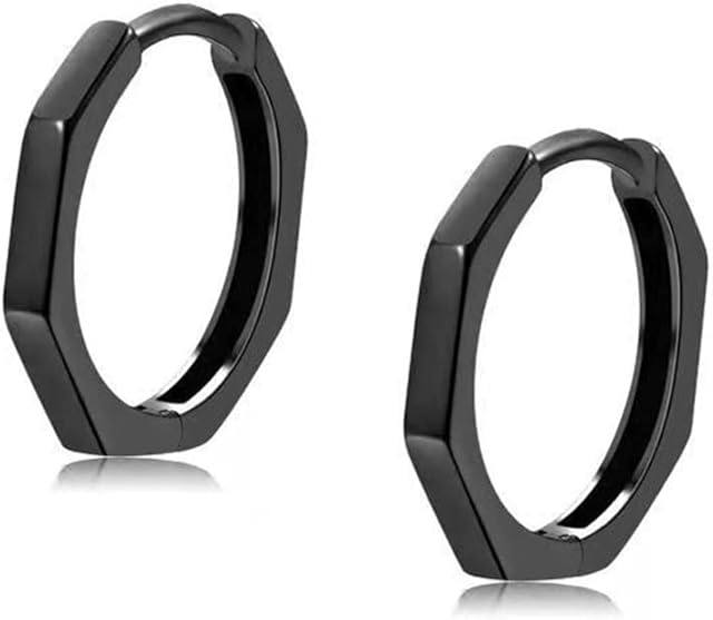 Deyanse Silver Hoop Earrings for Women, 925 Sterling Silver Hexagon Geometric Square Unisex Hoop Earrings, 16mm Silver/Black Hypoallergenic Small Cartilage Sleepers Huggie Hinged Cuff Earrings