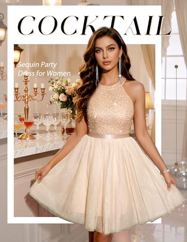 Image of Dressystar Women's Sequin Short Prom Dress Sparkly Halter Tulle Cocktail Party Homecoming Dresses