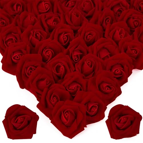 Image of 100Pcs Real Looking Burgundy Artificial Rose Flower Heads, Foam Fake Roses for DIY Wedding Decorations Baby Shower Centerpieces Home Party Valentine's Day Mother's Day Decor
