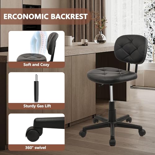 Image of KLASIKA PU Leather Rolling Stool with Back and Wheels, Adjustable Diamond Upholstered Drafting Stool, Multi-Purpose Desk Chair for Home Office Bar Kitchen Shop, Black (4PK)