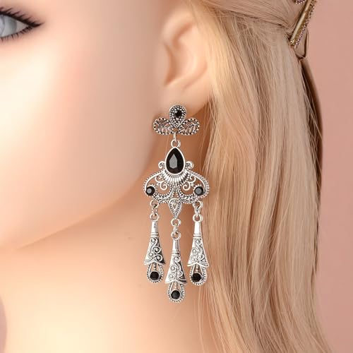 Vintage Filigree & Black Gem Chandelier Earrings - Boho Drop Dangle Jewelry | Elegant Long Statement Accessory & Creative Gift by Generic - Used condition - US$12.37