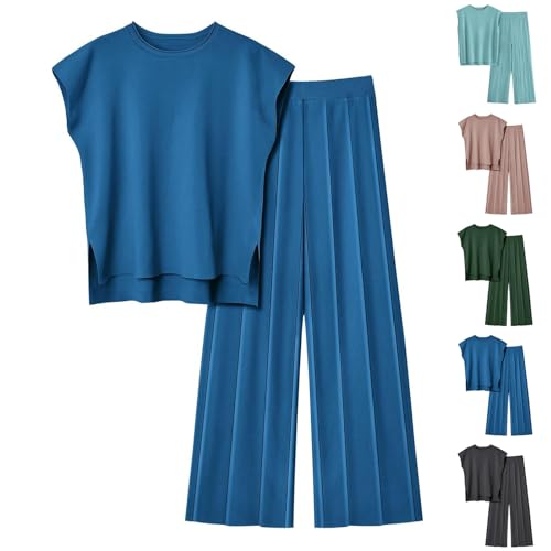 HGps8w Women's 2 Piece Outfits Crewneck Pullover Cap Sleeve Sweater Tops Pleated Wide Leg Pants Cozy Knitted Lounge Sets2