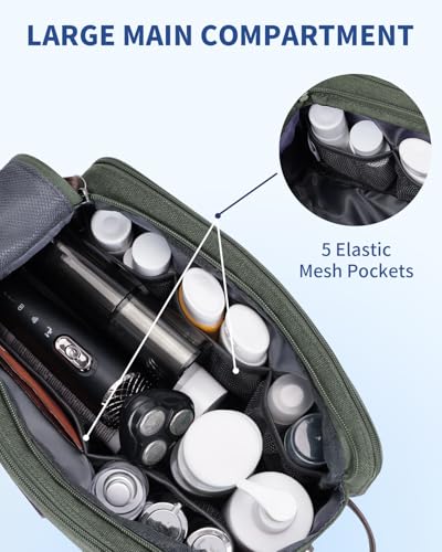 WANDF Toiletry Bag for Men Travel Toiletry Organizer Canvas and Leather Dopp Kit Water-Resistant Shaving Bag for Travel Accessories (Green, Large)3