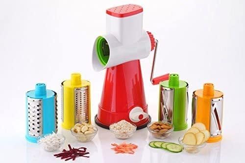 4 in 1 shredder slicer (rotary cutter) plastic stainless steel multi functional drum vegetable cutter chopper for kitchen food processor manual choppers kitchen (pack of 1 pcs)