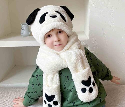 Image of Kids Winter Hat Gloves Scarf Set,Cute Panda Hat with Movable Ears Thick Warm Hood Cap for Girls Boys 4-10 Years Old