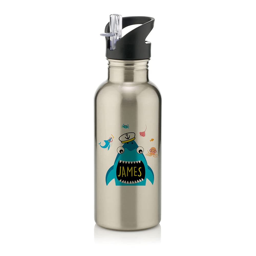 Giftme Boys Natural Silver Personalised Funny Captain Sailor Whale/Shark Fish Any Name Gift For Kids- Toddlers Birthday Gift Back To School Stainless Steel 600Ml Water Bottle With Straw. (Natural Silver)