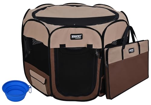 WINiPET 2-Door Folding Soft Pet Playpen (2 Year Warranty), Plus Carrying Bag and Food Grade Silicone Bowl, 10-Size and 12-Color Portable Dog Cat Playpen, Exercise Pen, Indoor & Outdoor Pet Home