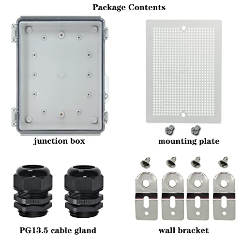 Image of Zulkit Junction Box IP67 Waterproof Electrical Box Hinged Clear Cover Stainless Steel Latch Plastic Enclosure for Project w Mounting Plate Wall Bracket and 2 Cable Gland 8.7 inchx6.7 inchx4.3 inch /220x170x110mm