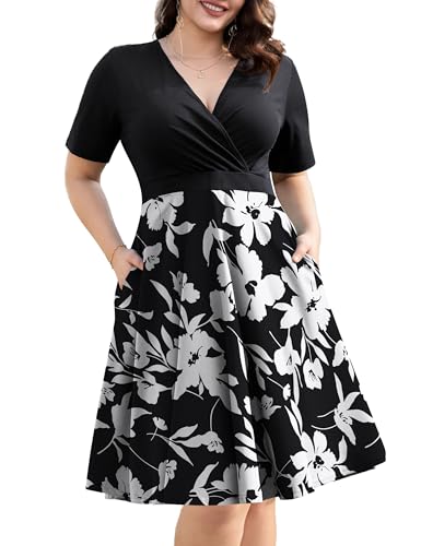 Image of Ahlaray Plus Size Faux Wrap Dress for Curvy Women with Pockets | Flattering faux wrap V-neck with soft stretch fabric and pockets for work, weddings and everyday comfort.