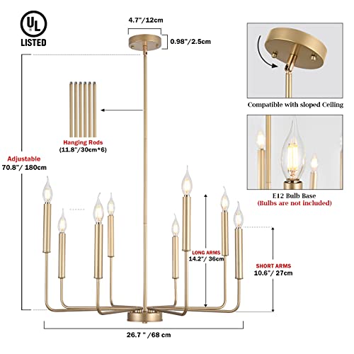 Woknos Modern Gold Farmhouse Chandeliers, 8-Light Industrial Metal Chandelier Lighting, Classic Candle Hanging Pendant Light Fixtures For Kitchen Bedroom, Dining Room, Living Room,Foyer Ul Listed #TOP3