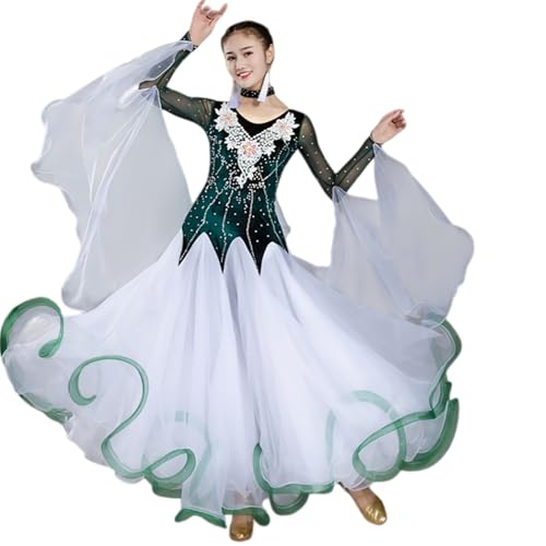 Yhsgscr Vestido De Competición Profesional De Baile De Salón Vestido De Manga Larga para Baile Estándar Nacional Traje De Baile Clásico De Vals Y Flamenco para Mujer Corte Ajustado,Dark Green,M