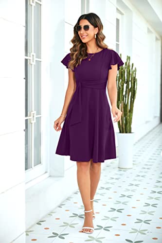 Owin Women's Semi-Formal Dress Ruffle Sleeves Work Dress Fit And Flare Cocktail Wedding Guest Dress Purple Xl #TOP3